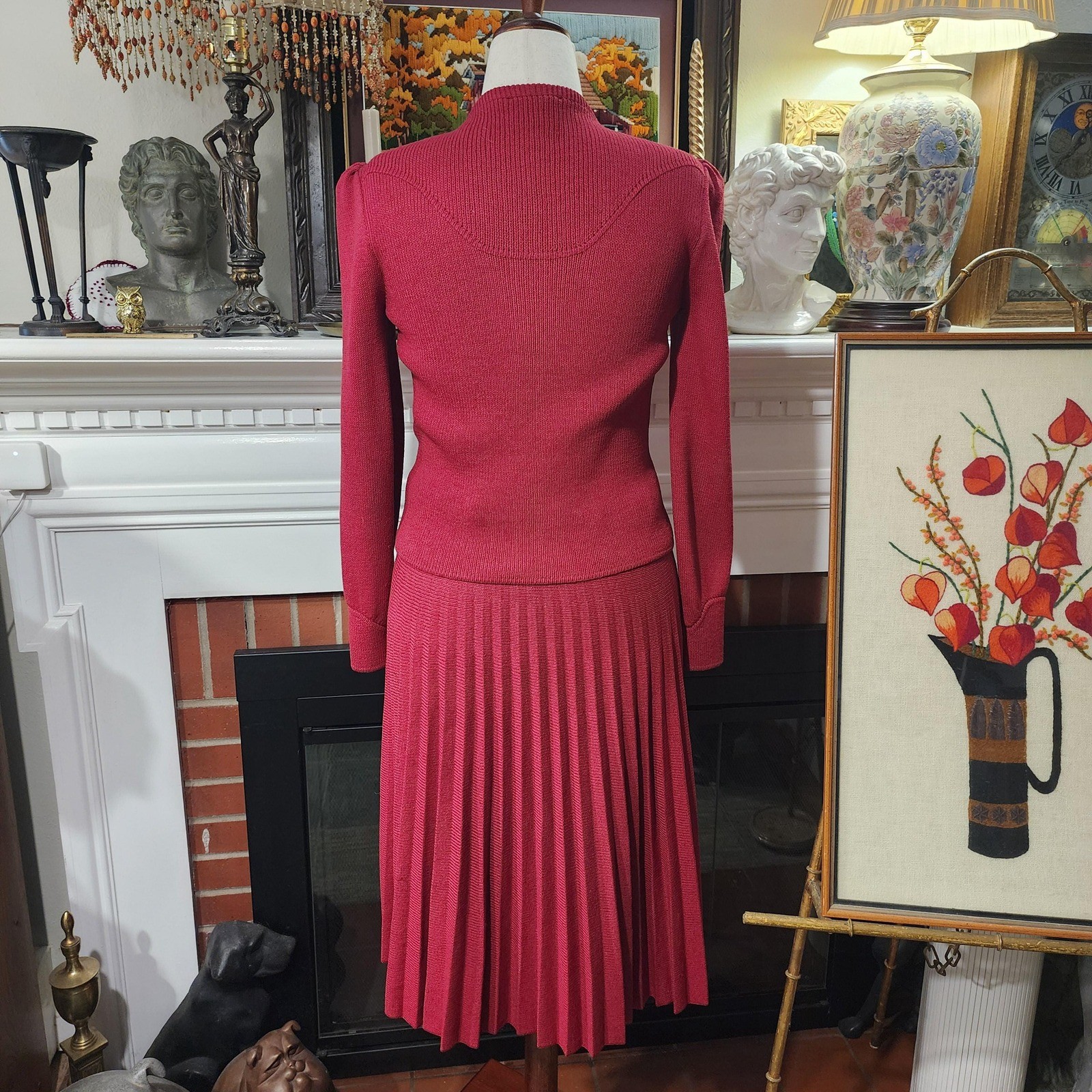 Vintage St John Marie Gray Red 3 Piece Knit Set Top Skirt Belt 60s Medium