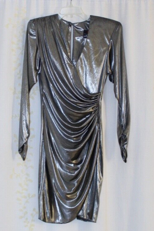 Vtg 80s Climax Karen Okada Silver Shimmer Ruched Waist Evening Dress Womens XS/S
