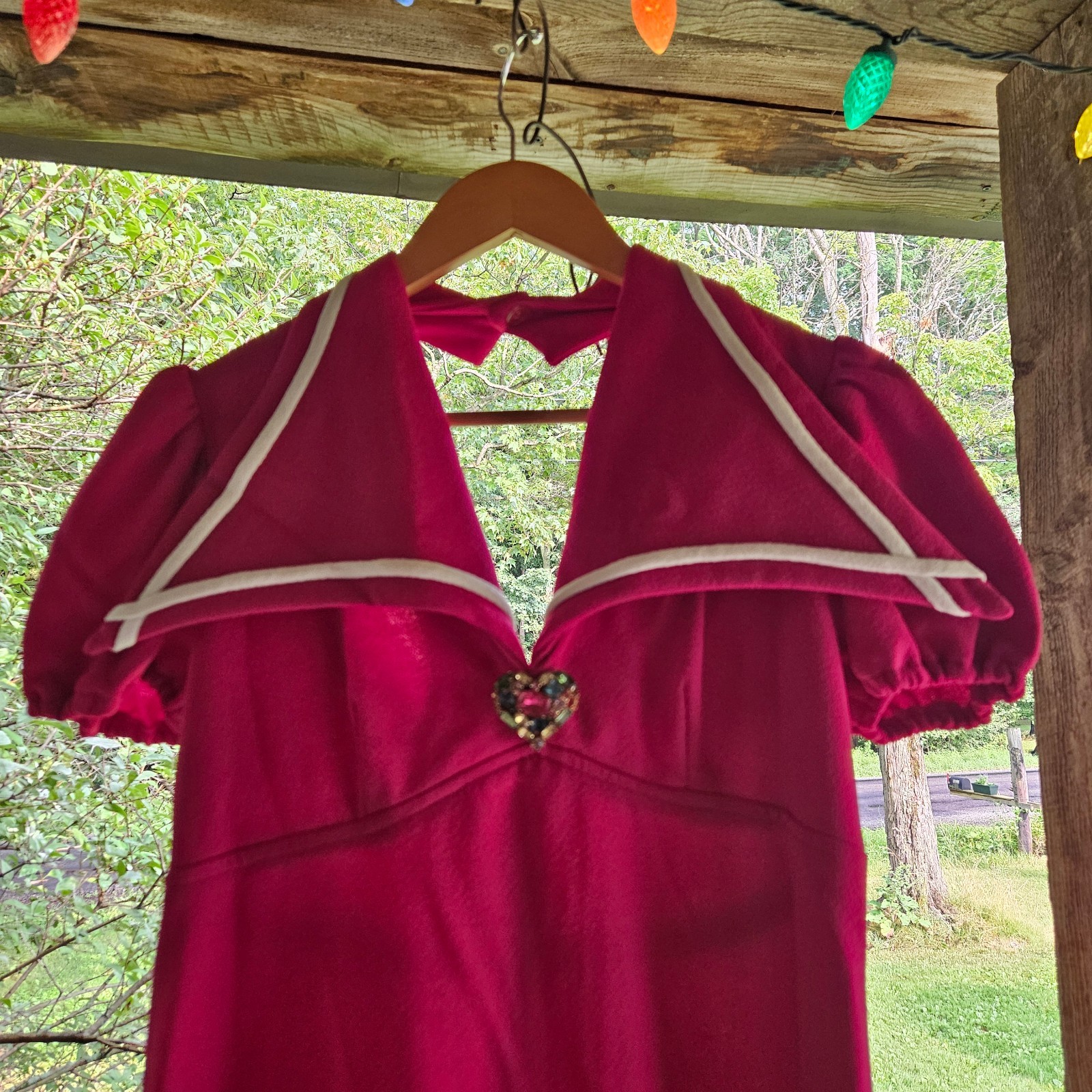 VTG Handmade Fuchsia Maxi Dress Rhinestone Heart Brooch Puff Sleeve OOAK