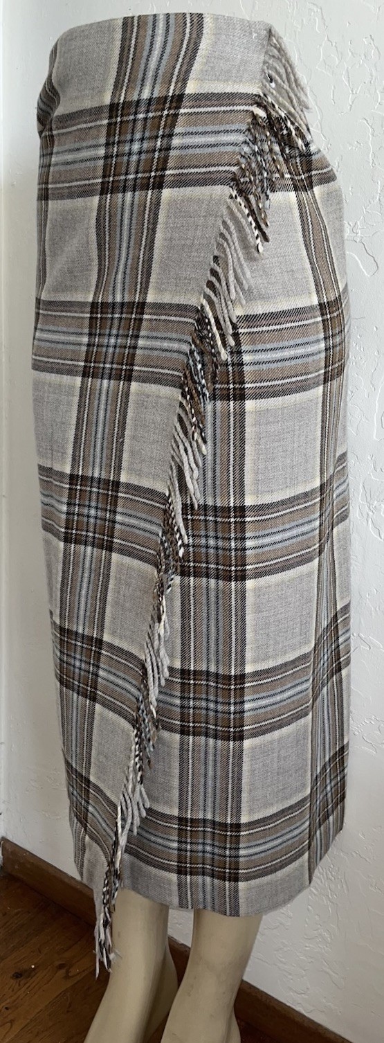 Vintage 1980s Burberrys’ Burberry Fringe Wrap Maxi Skirt Kilt Wool Nova Check XS