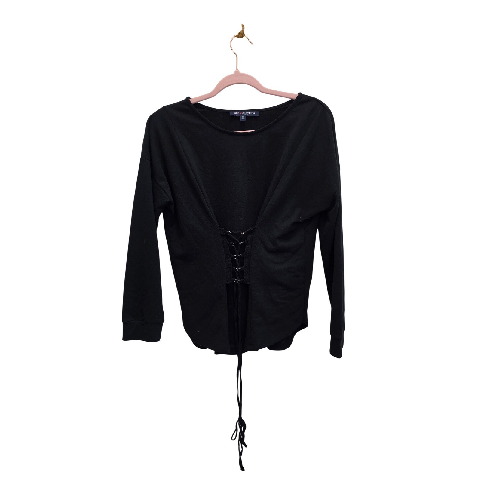 Black Lace Up Corset Cotton Top Womens Small Y2K Goth Grunge Long Sleeve Shirt