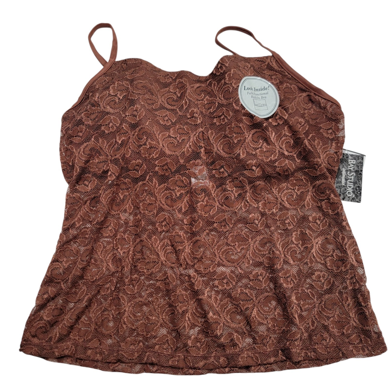 Bay Studio Intimates Cami Brown Lace Camisole Built In Bra Sz 38C NWT