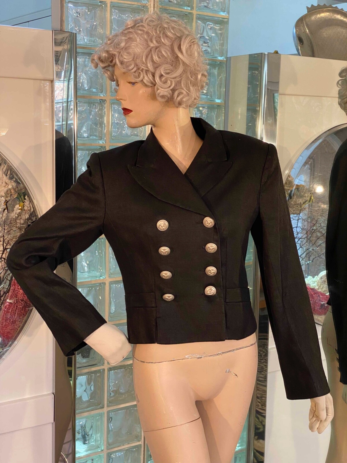 VTG 90s Black Crop Jacket Double Breast Military Buttons Women size 8 USA
