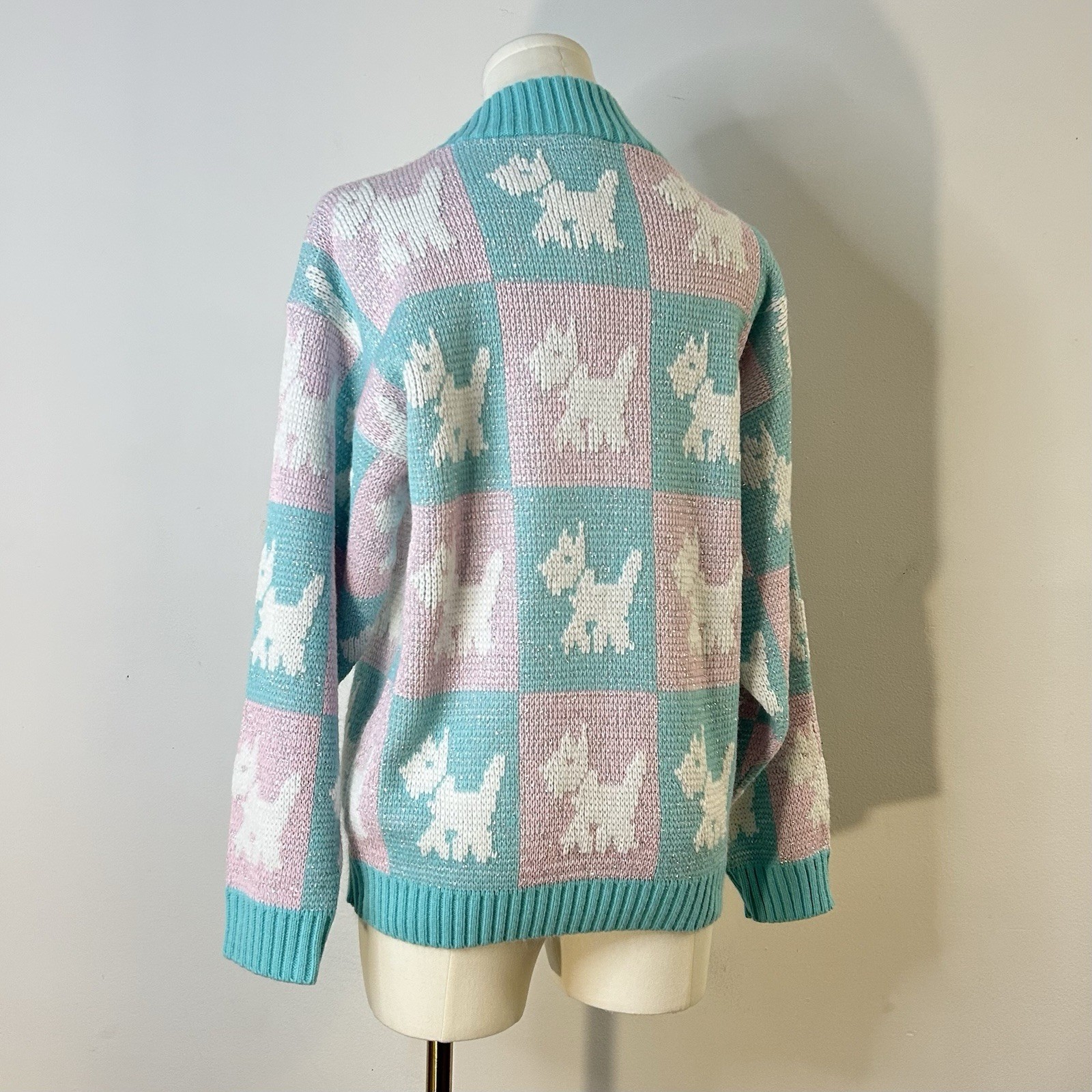 80s Soft Girl Preppy Scottie Dog Sweater Pink Blue Women’s 38 Inch Bust