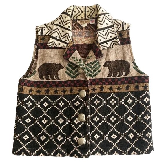 Vtg Painted Pony Tapestry Cotton Adirondack Bear Pine Tree Tribal Vest Womens L