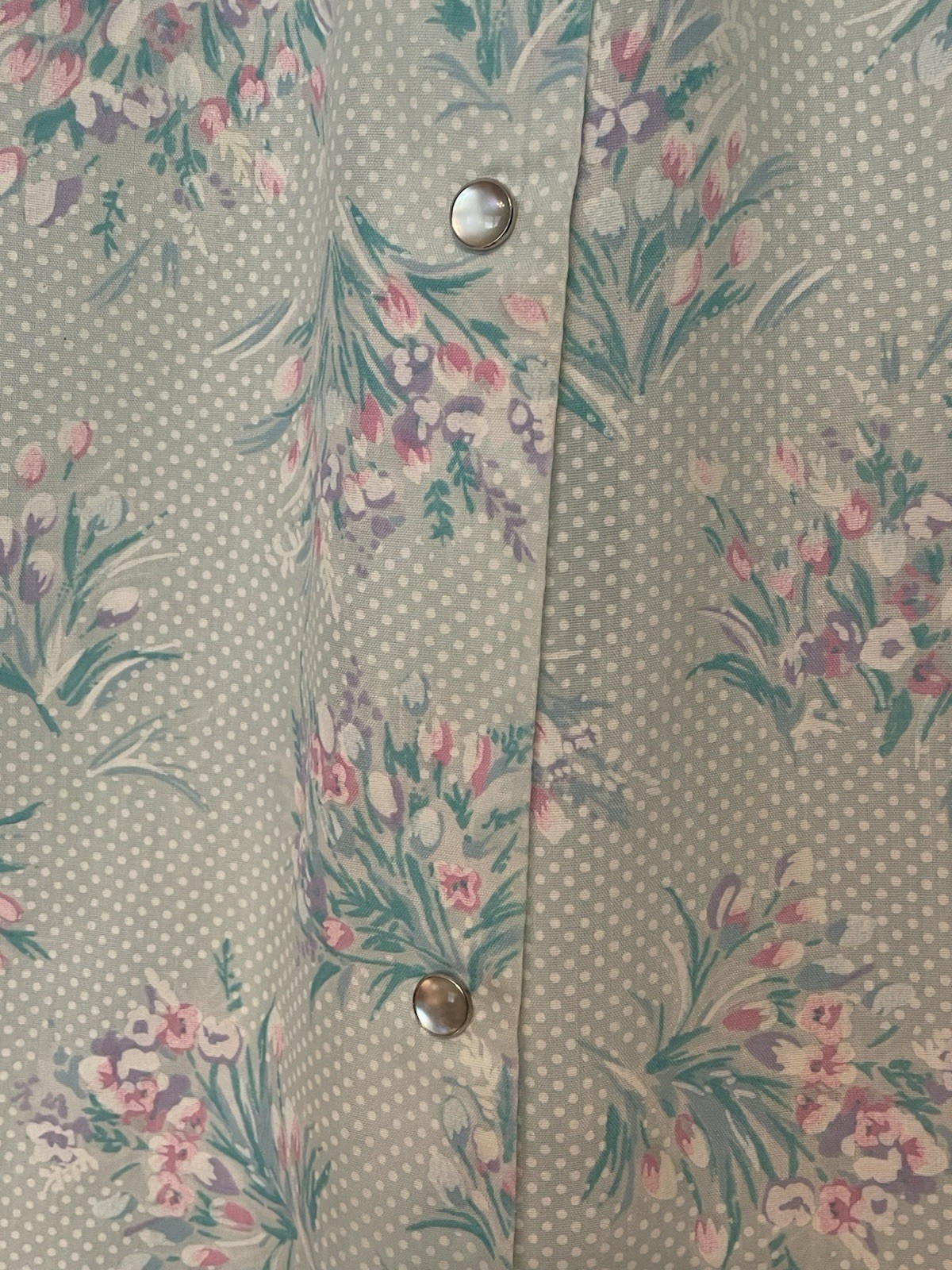 Nice N Easy L Nightgown House Coat Blue Floral Smocked Pearl Snap Vintage