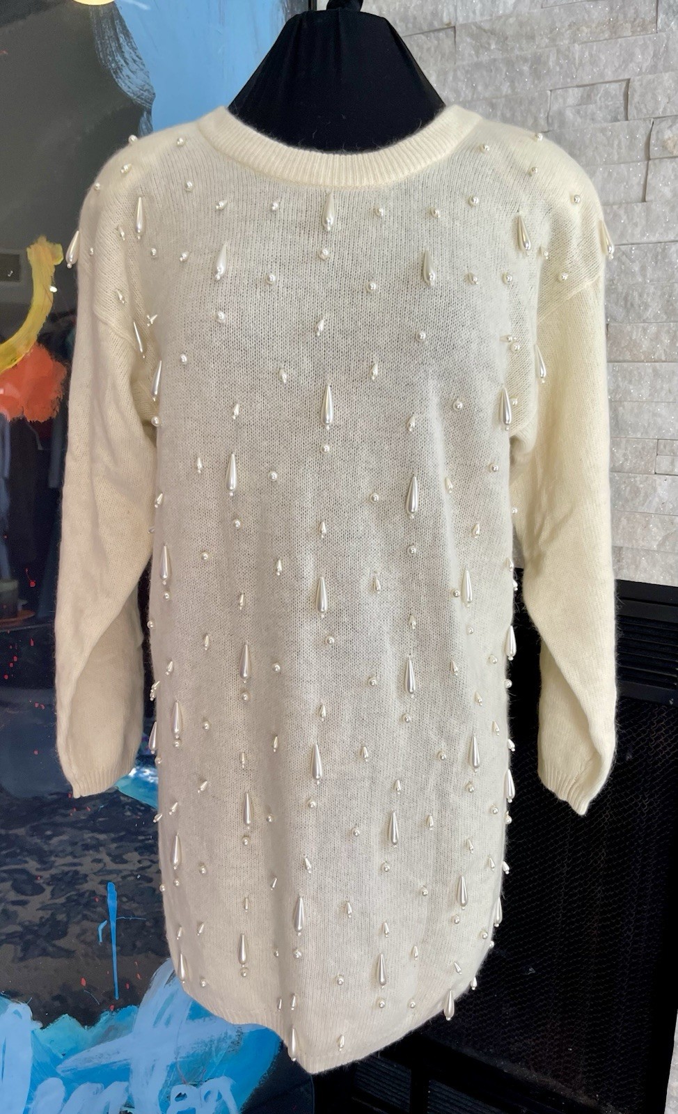 VTG NWT Contempo Casuals White Rabbit Lambswool Sweater Pearl Beaded Size Large