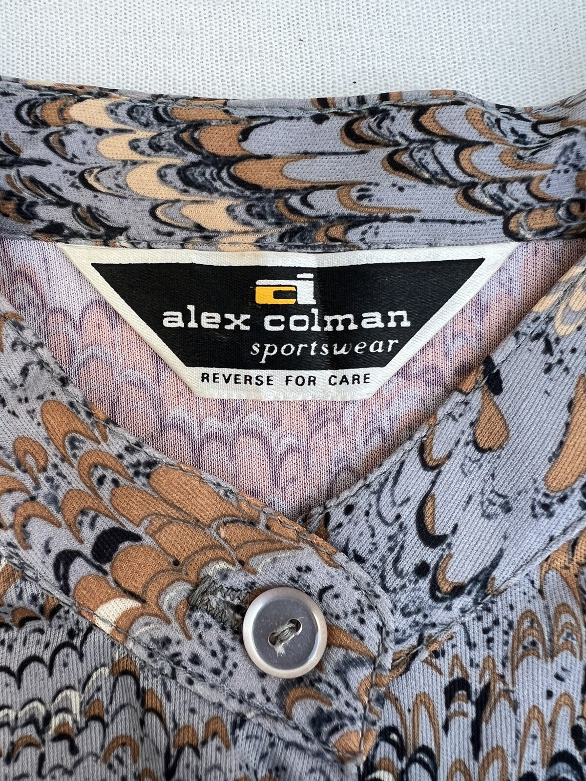 Vintage 1970s Marbleized Print Tunic LS Blouse Mandarin Band Collar Alex Colman
