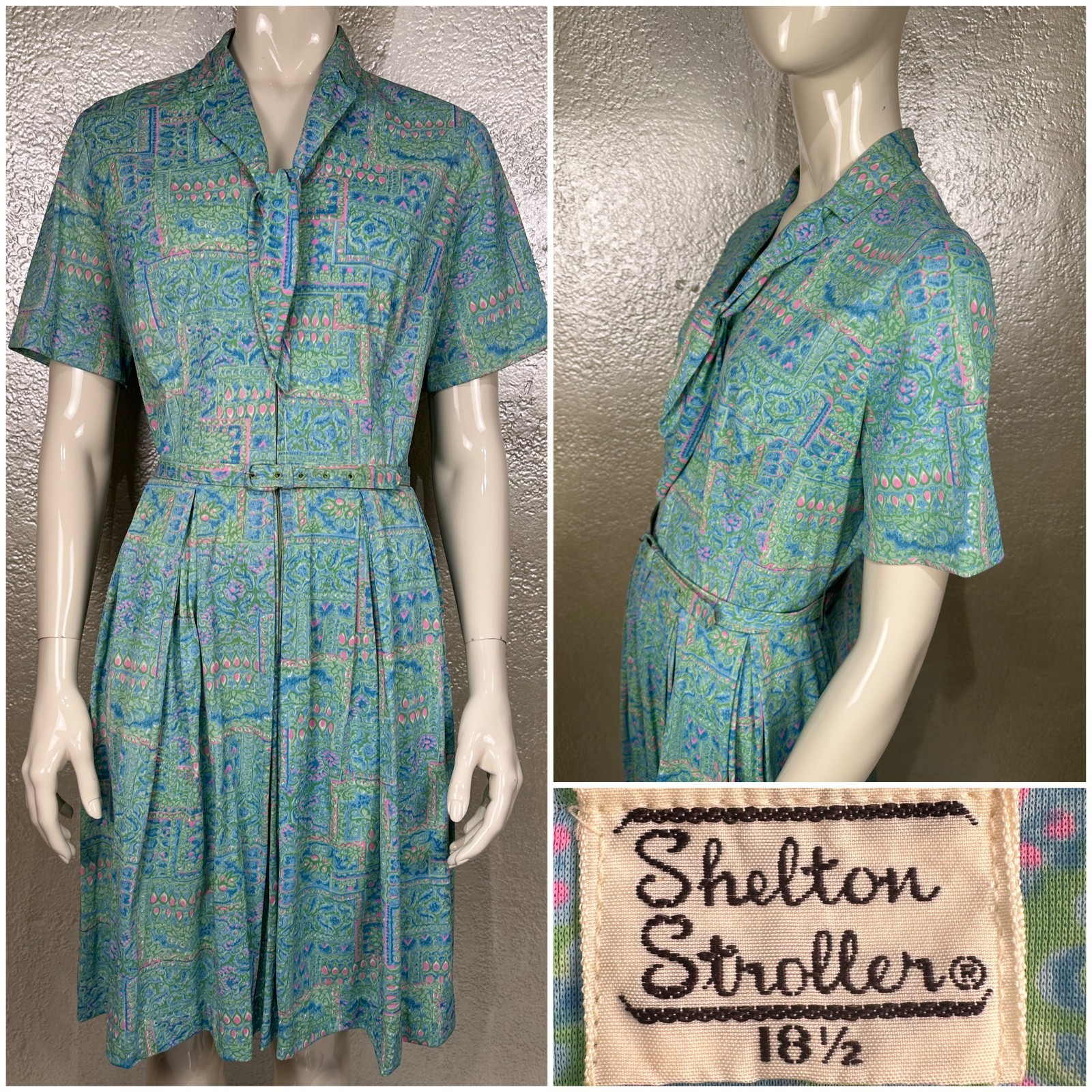 Vintage 1960s SHELTON STROLLER Blue Floral Day Dress M/L Short Sleeve Zip-up
