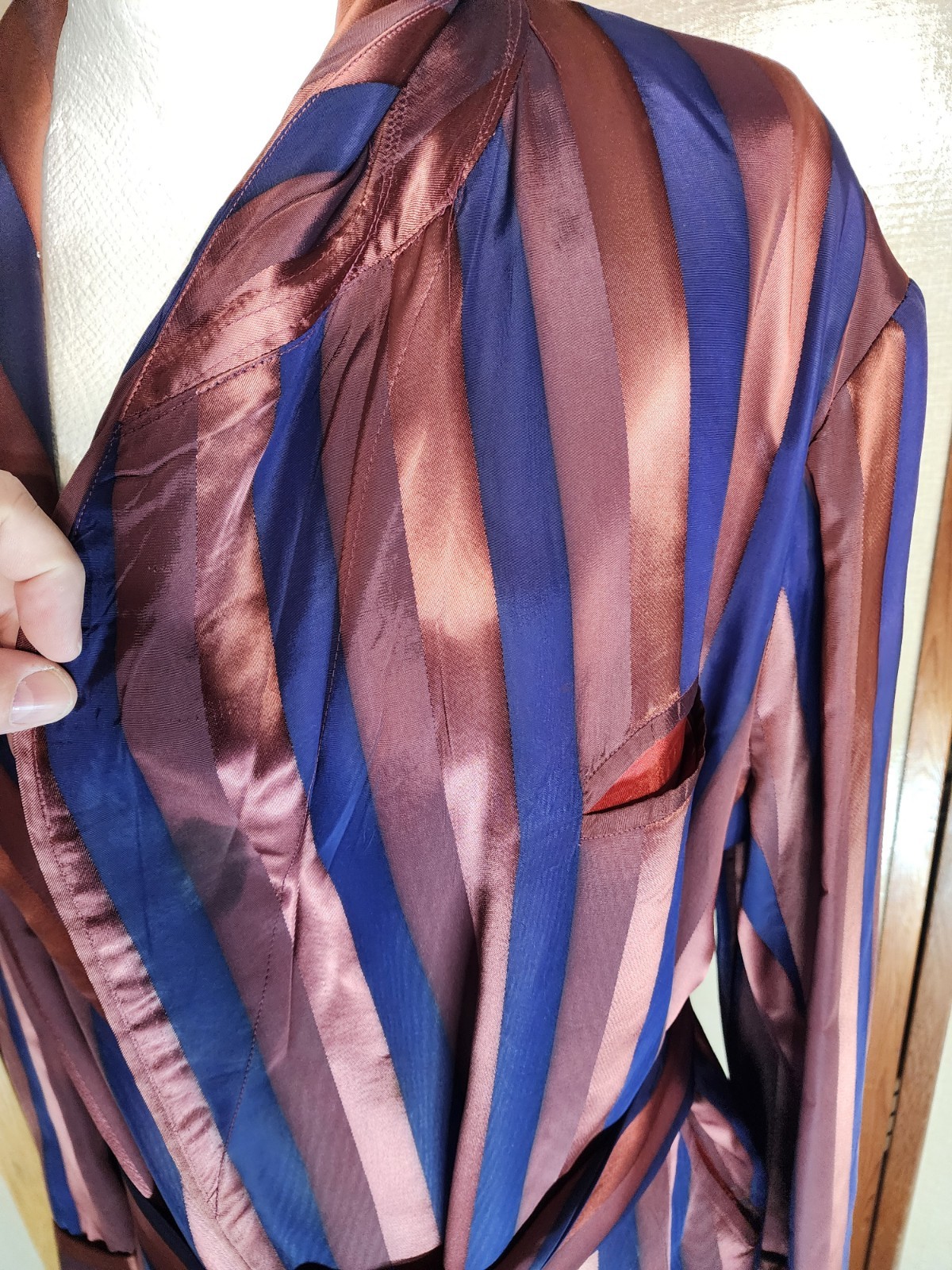 Royal Lounger Smoking Jacket 40s Maroon Blue Stripes Satiny Dressing Gown Deco