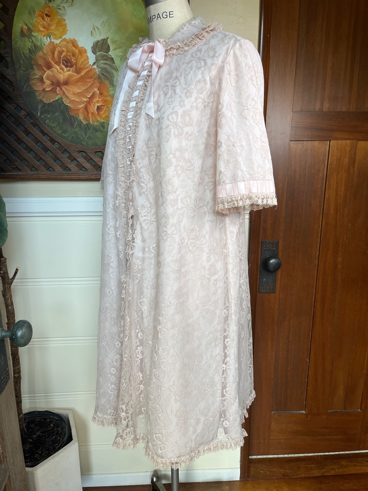 VTG Odette Barsa Floral Lace Robe & Pink Chiffon Nightgown Peignoir Coquette M/L