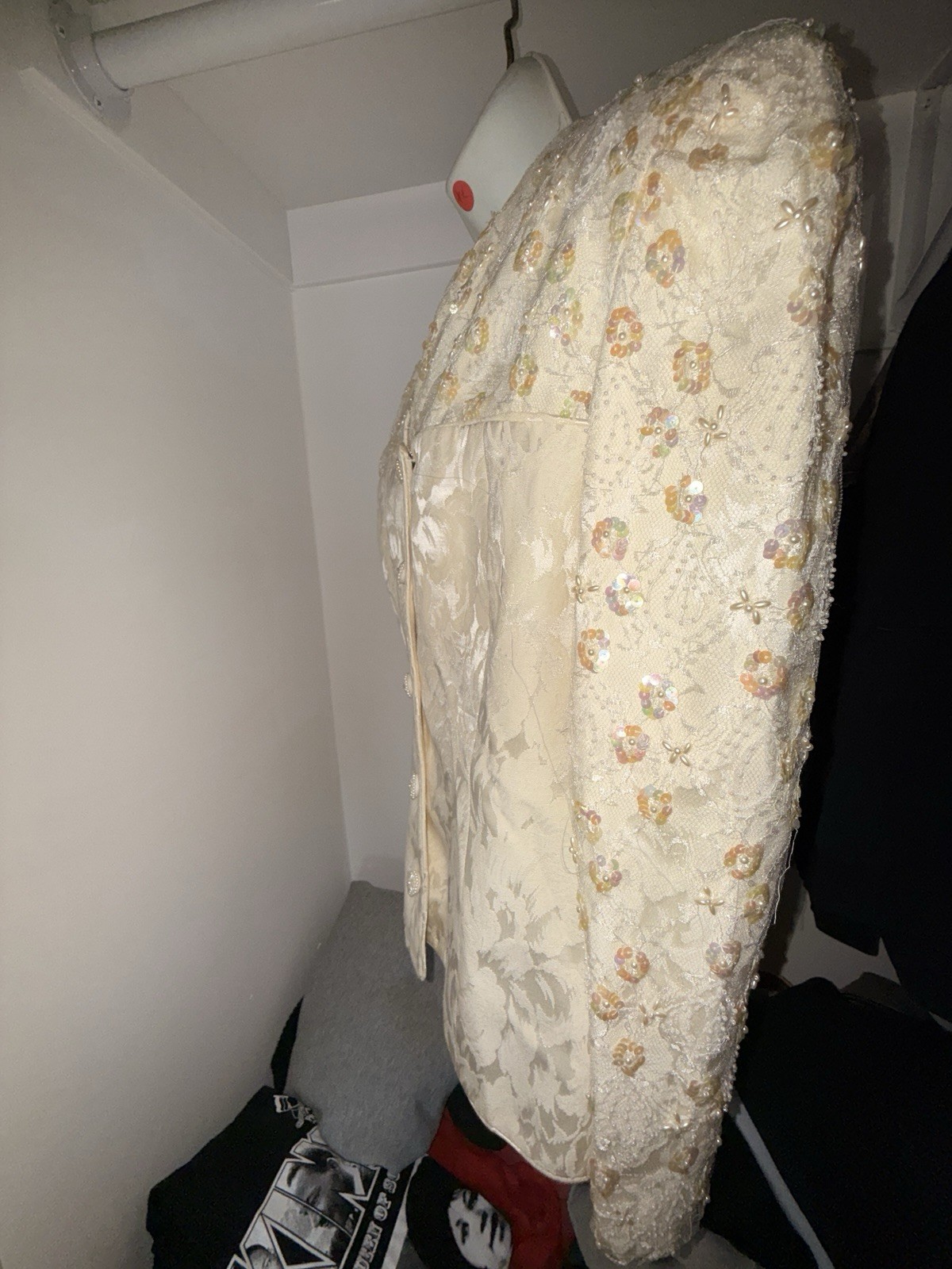 Vintage 1980s Karen Lawrence Ivory Brocade Beaded Sequin Blazer & Skirt Set XL