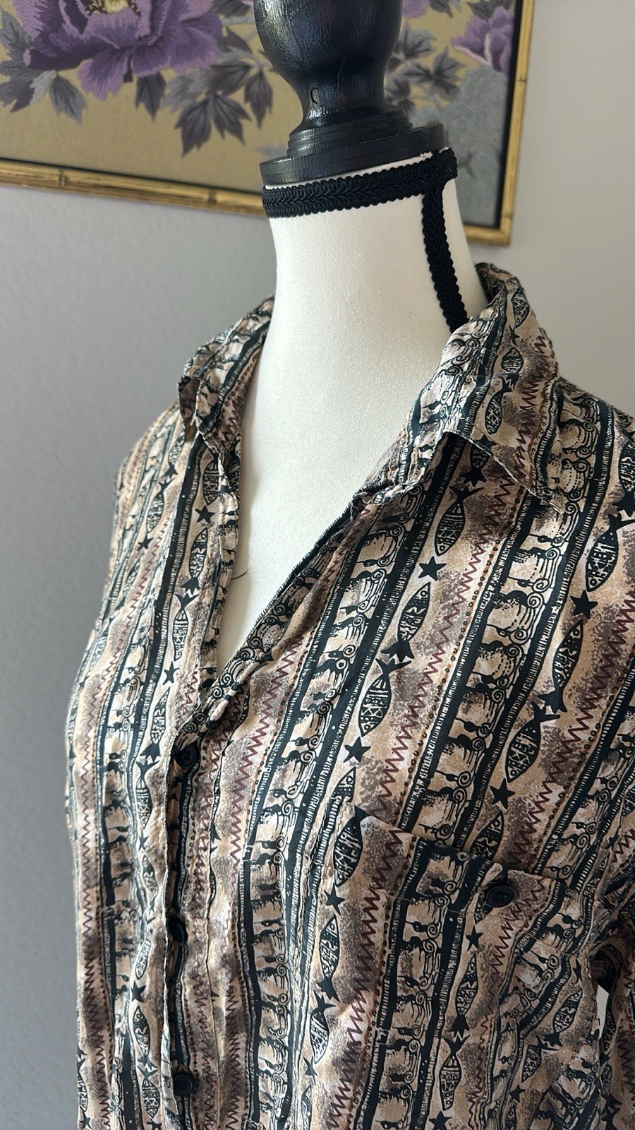 Vintage 90s Black and Brown Print Menswear Real Silk Button-Down Shirt Size S