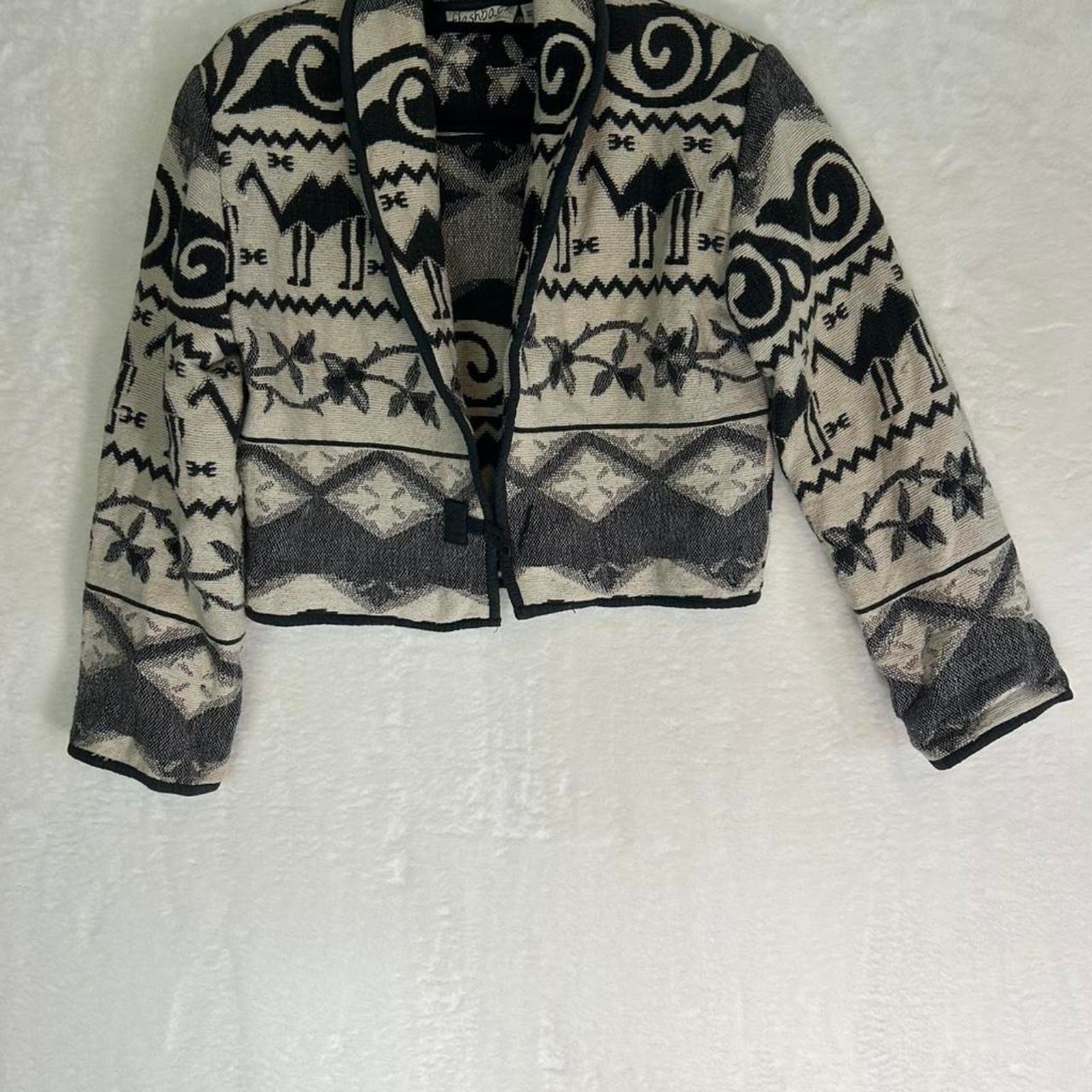 Flashback Vintage Cropped Tapestry Jacket Black Cream Camel Print Cotton Small