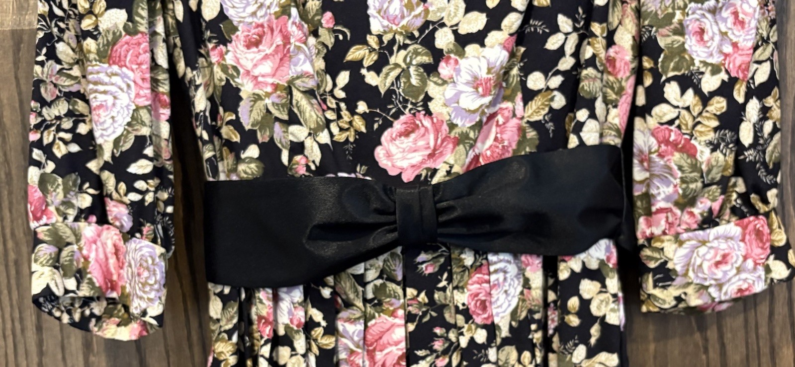 VTG Lanz 6 Petite Pink/Olive Floral On Black Midi Tea Dress W/Belt Full Puffy