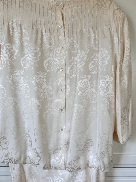 Jack Mulqueen Vtg 80’s Evening Dress Sz 8 Ivory Floral Jaquard Silk Drop Waist
