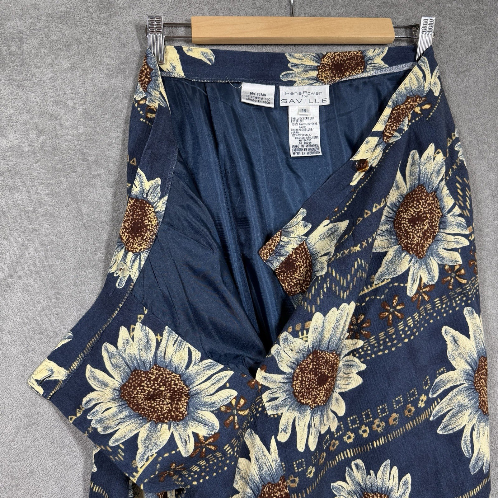 Rena Rowan for Saville Sunflower Blue Hawaiian Button Down Blouse Skirt Size 16