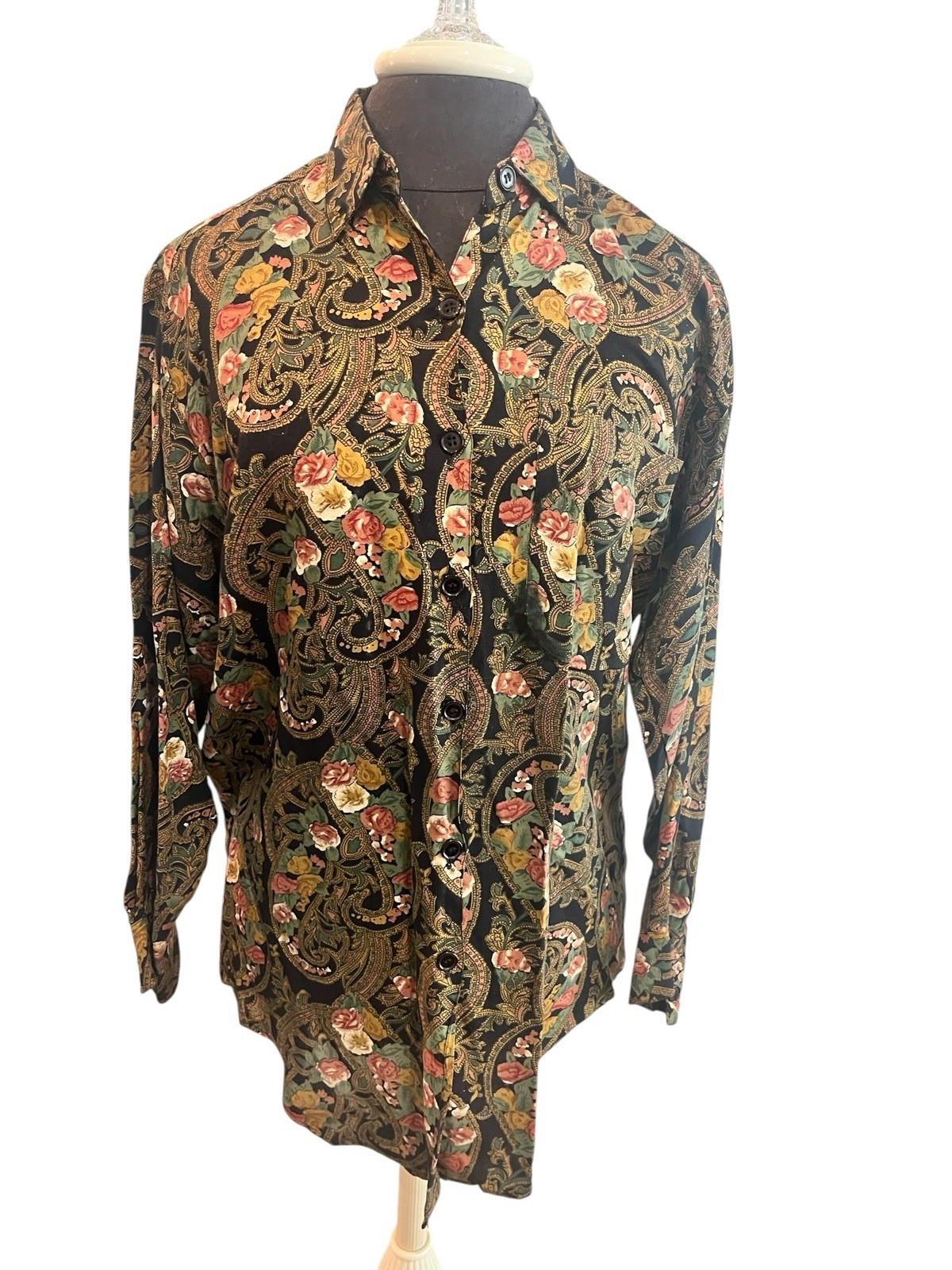 Vintage Star Of India Rayon Made In Nepal Women’s Floral Paisley Button-Down SM