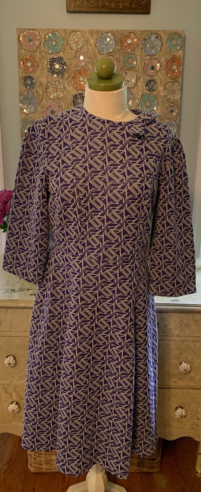 Vintage Custom Purple Metallic Silver Double Knit Stretch Fit & Flare Dress-M/L