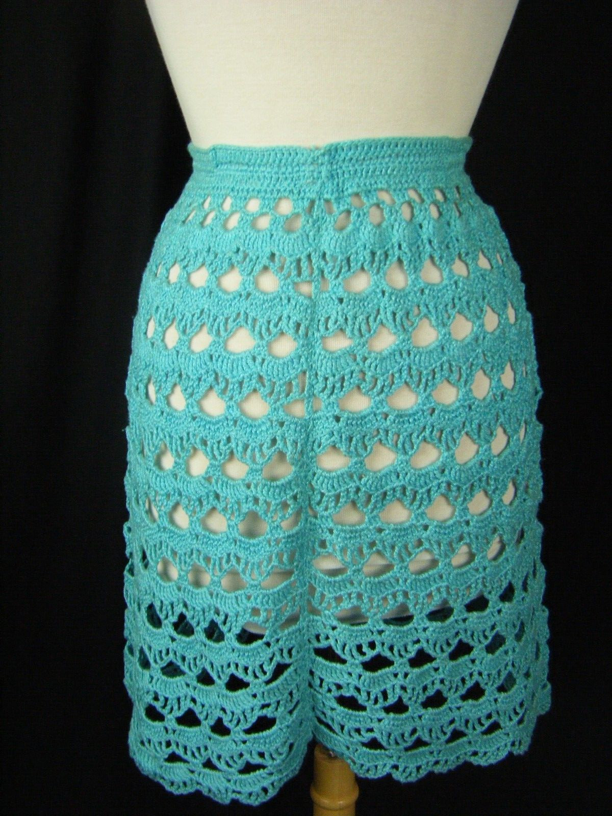 Vtg 60-70s Handmade Blue Crochet Eyelet Cardigan & Skirt-Bust 38/Waist 23-28