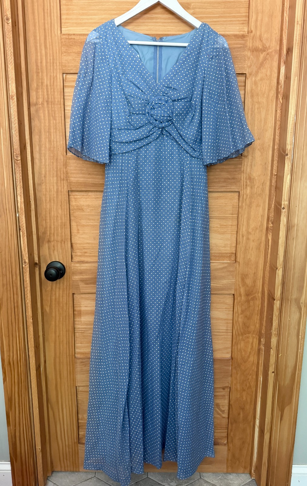 Vtg 1970s Miss Elliette Polka Dot Rosette Semi Sheer Sleeve A Line Maxi Dress S