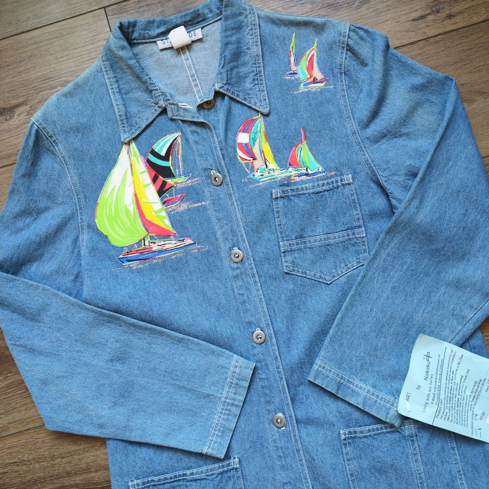 Vtg 90s Artist Handmade Sailboat Denim Chore Jacket Applique Art Small