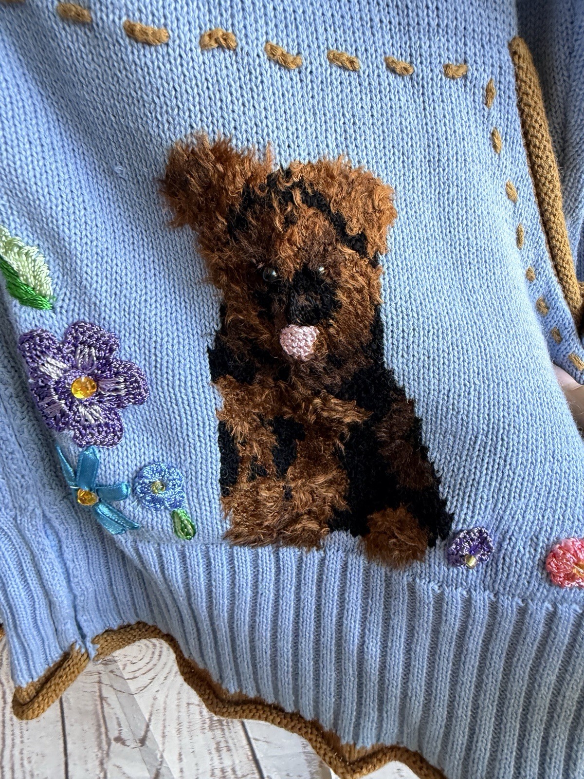 Vintage Storybook Knits Yorkie Dogs Sweater Granny Grandma Teacher Whimsy L