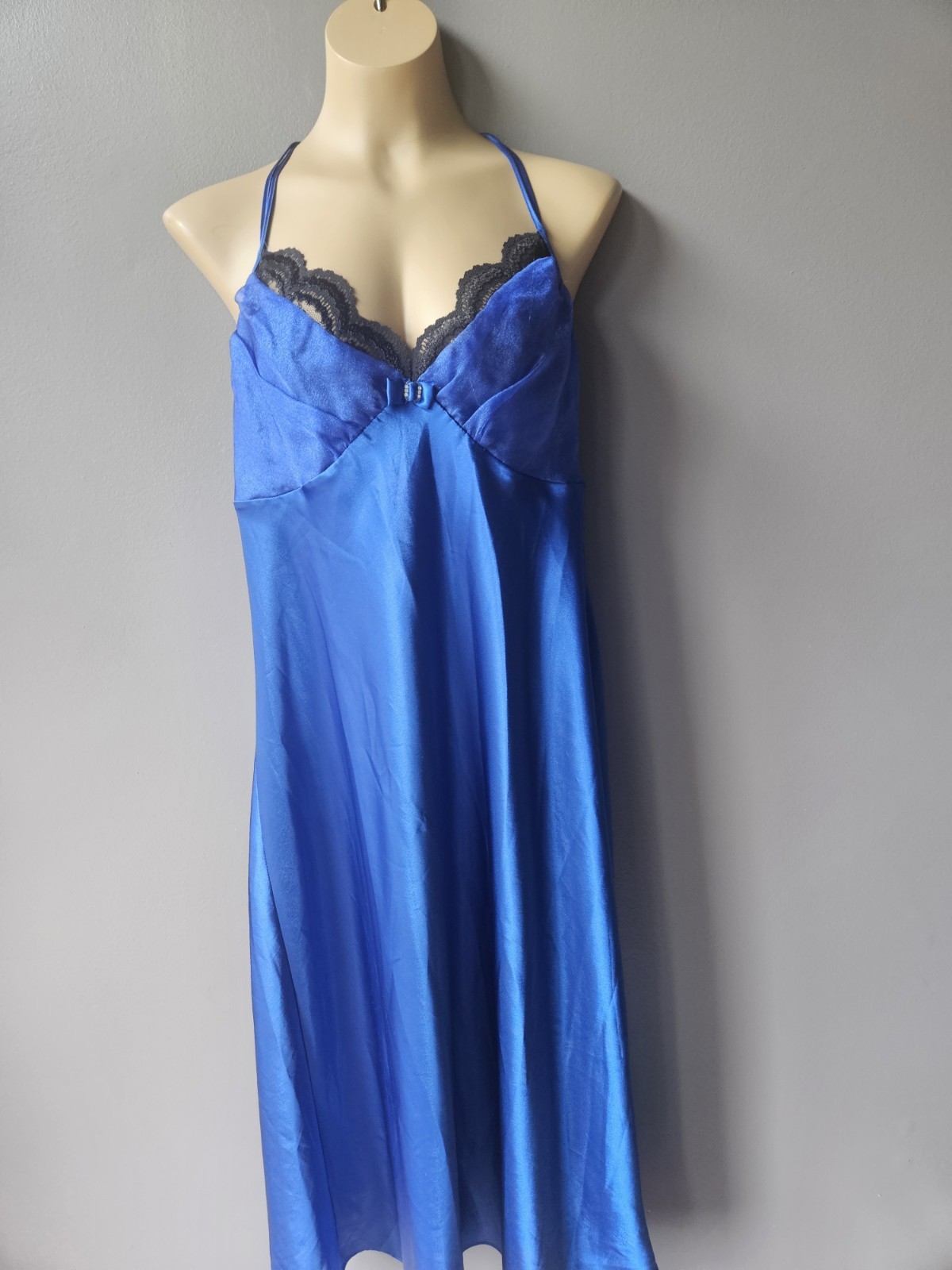 Scarce Vintage 80s Inner Most Royal Blue Satin Gown Black Lace Strappy Sz XL