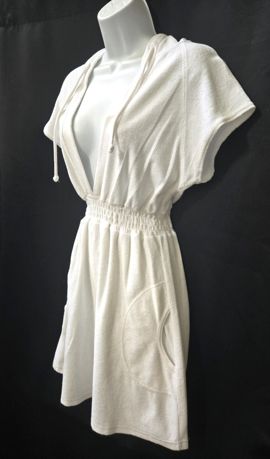 Sporty Sexy Cute Vtg 90s HANA SPORT Deep V-Neck Terrycloth Hoodie Mini Dress L