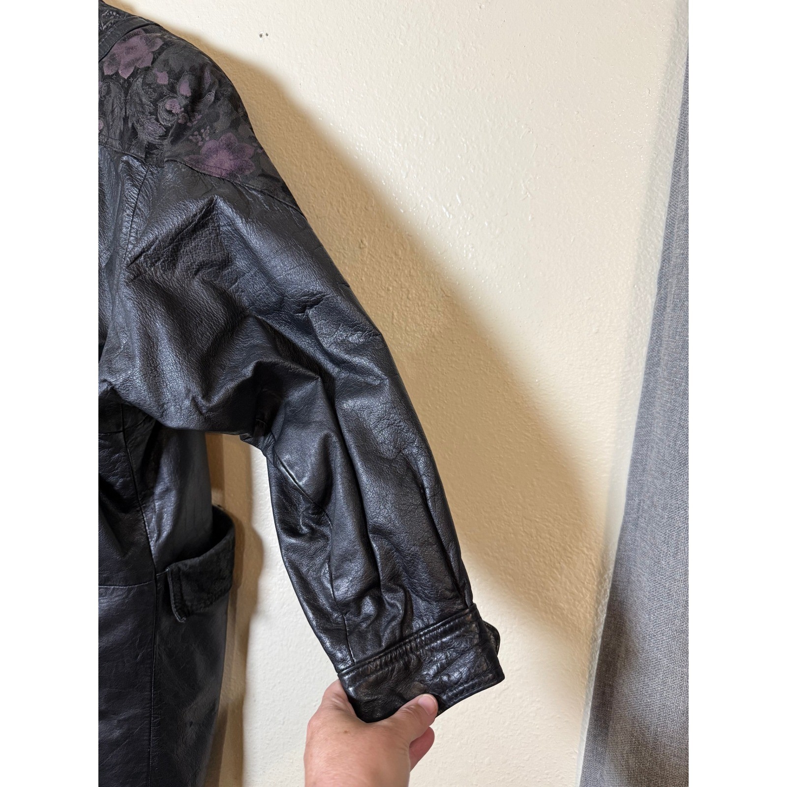 Vintage DNK Design Leather Women Jacket S Black Floral Lace Retro 80s Goth