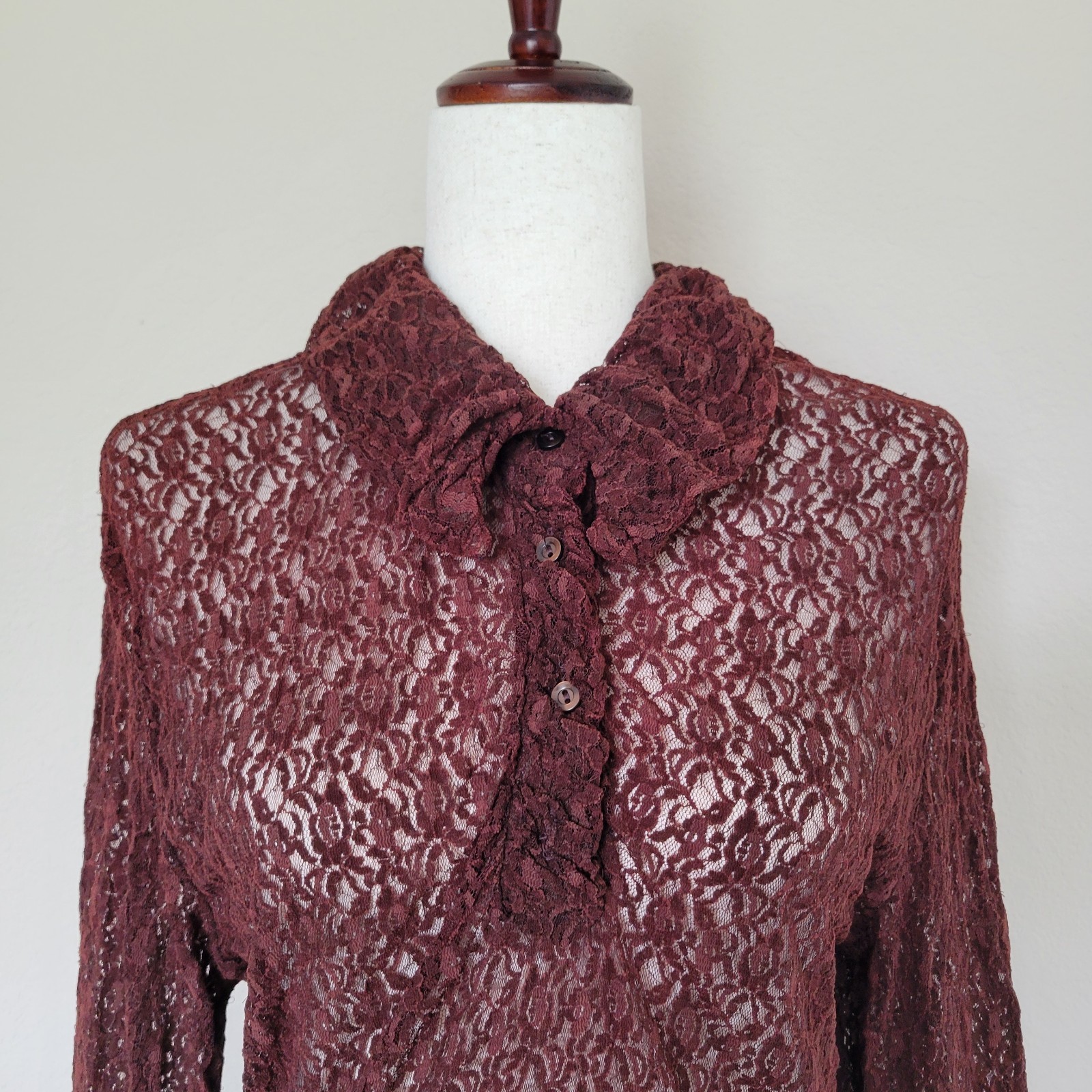 Vtg 70s Mesh Sheer Shirt Dress Size S Dark Romantic Ruffle Collar READ Vamp Goth