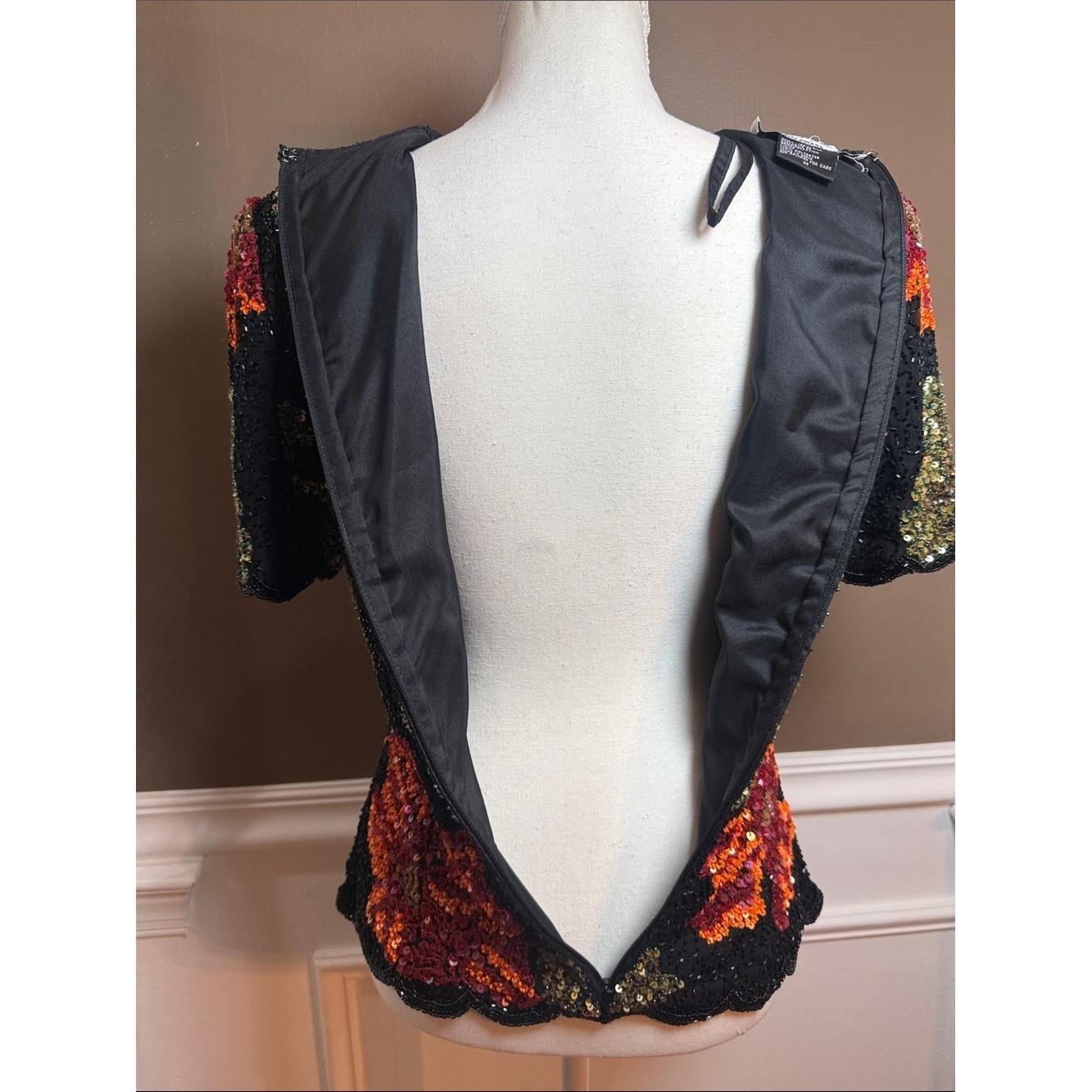 Vintage Silk Beaded Floral Top Black Sequin Scalloped Fitted M