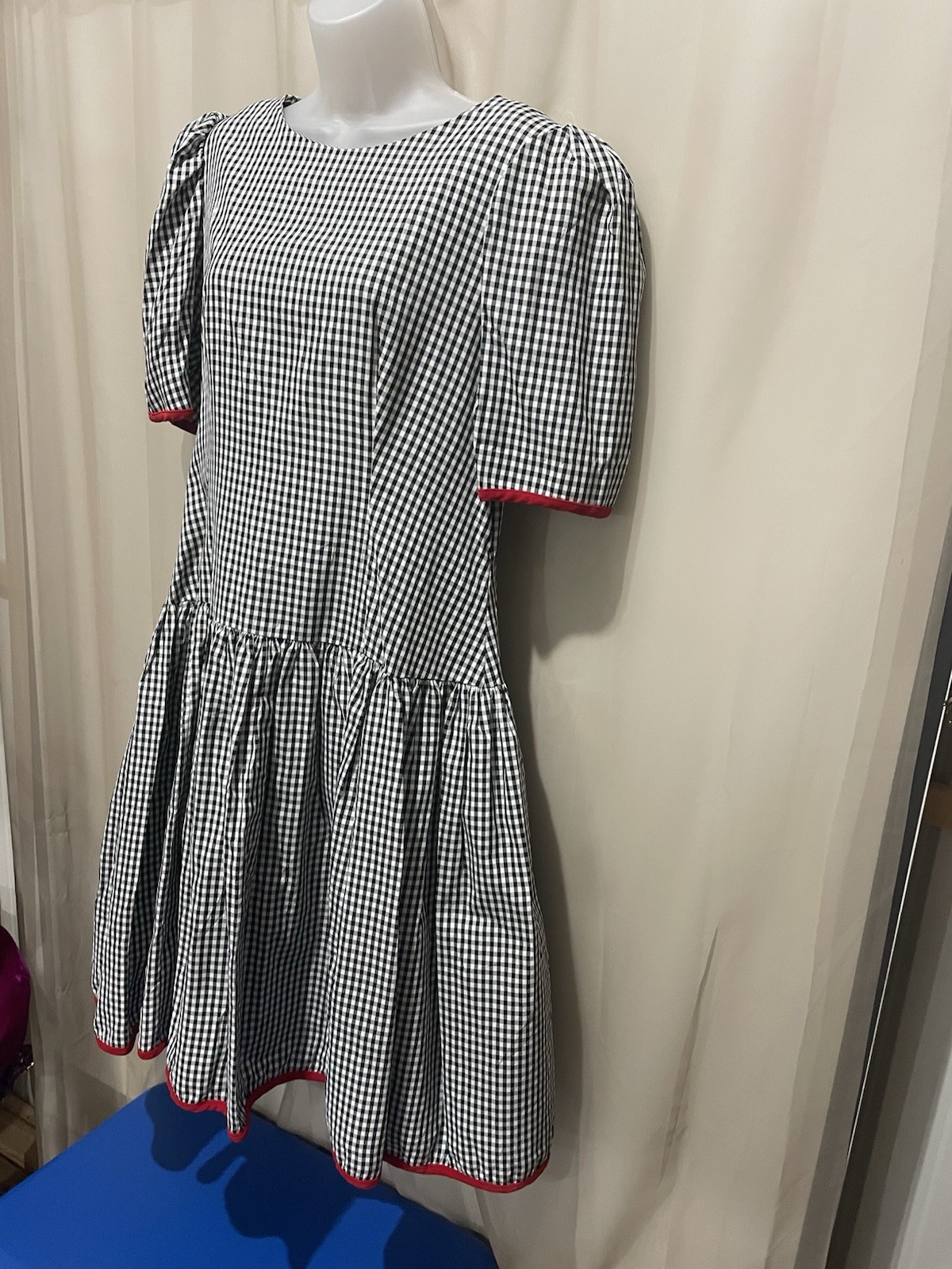 Vintage Misty Lane Gingham Black White Red Party Dress 13/14 Bows In Back