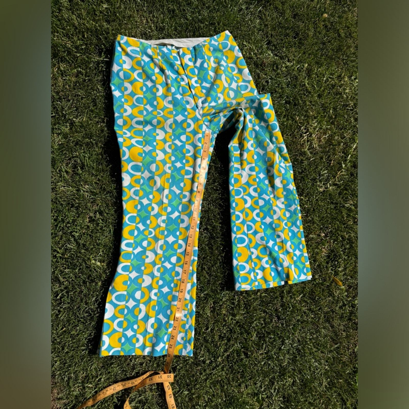 60s Vintage Green White and Blue Geometric Circle Print Kick Flares