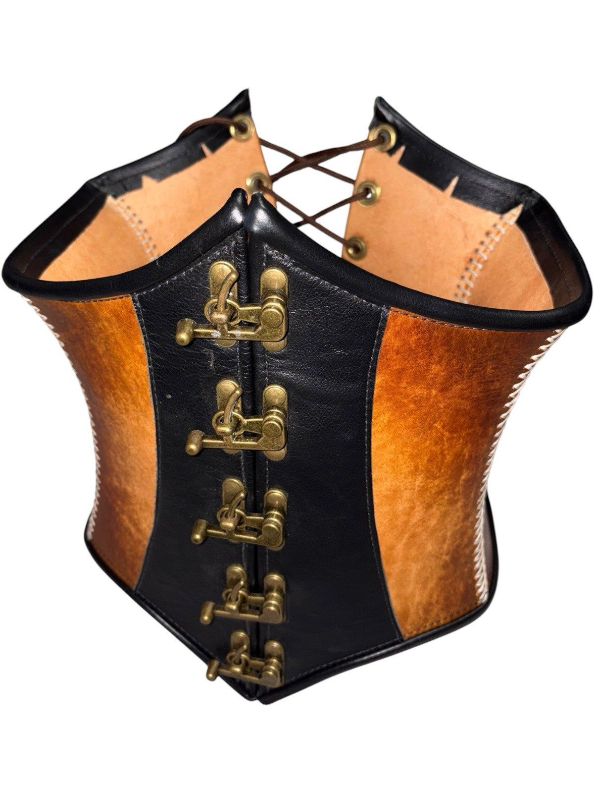 Vintage Leather Brass Underbust Corset Waist Cincher Bondage Cosplay Steampunk