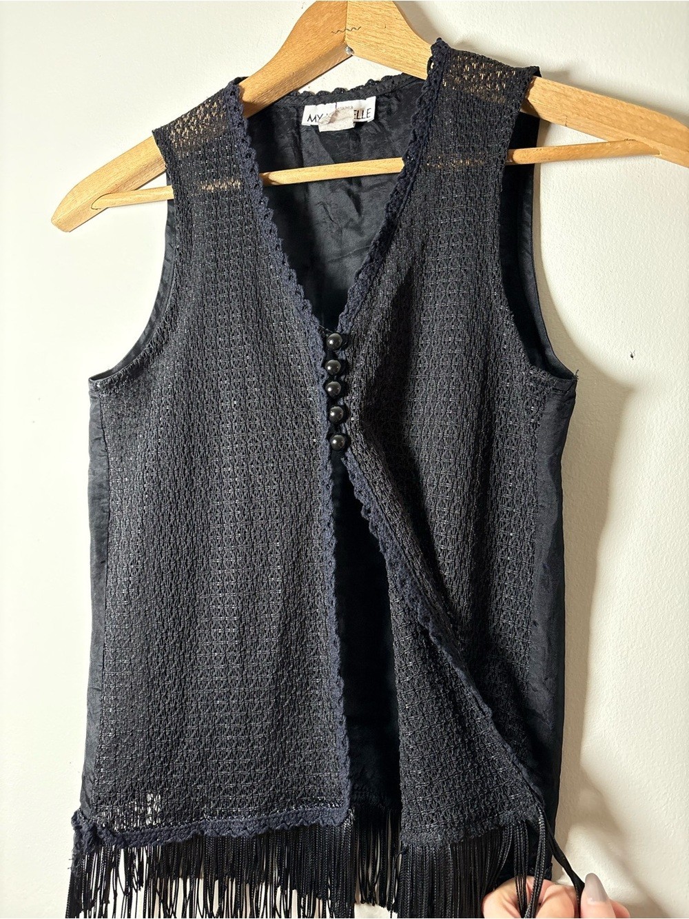 VTG 90s My Michelle Black Crochet Fringe Vest Boho Whimsygoth Shrug Approx. M