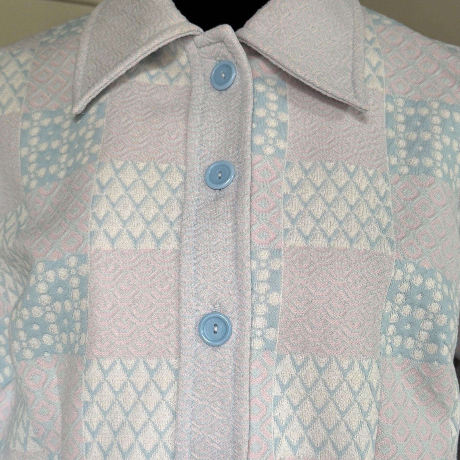 Vintage 70s Pastel Patchwork Grandmacore Blue Pink Geometric Button Front Medium