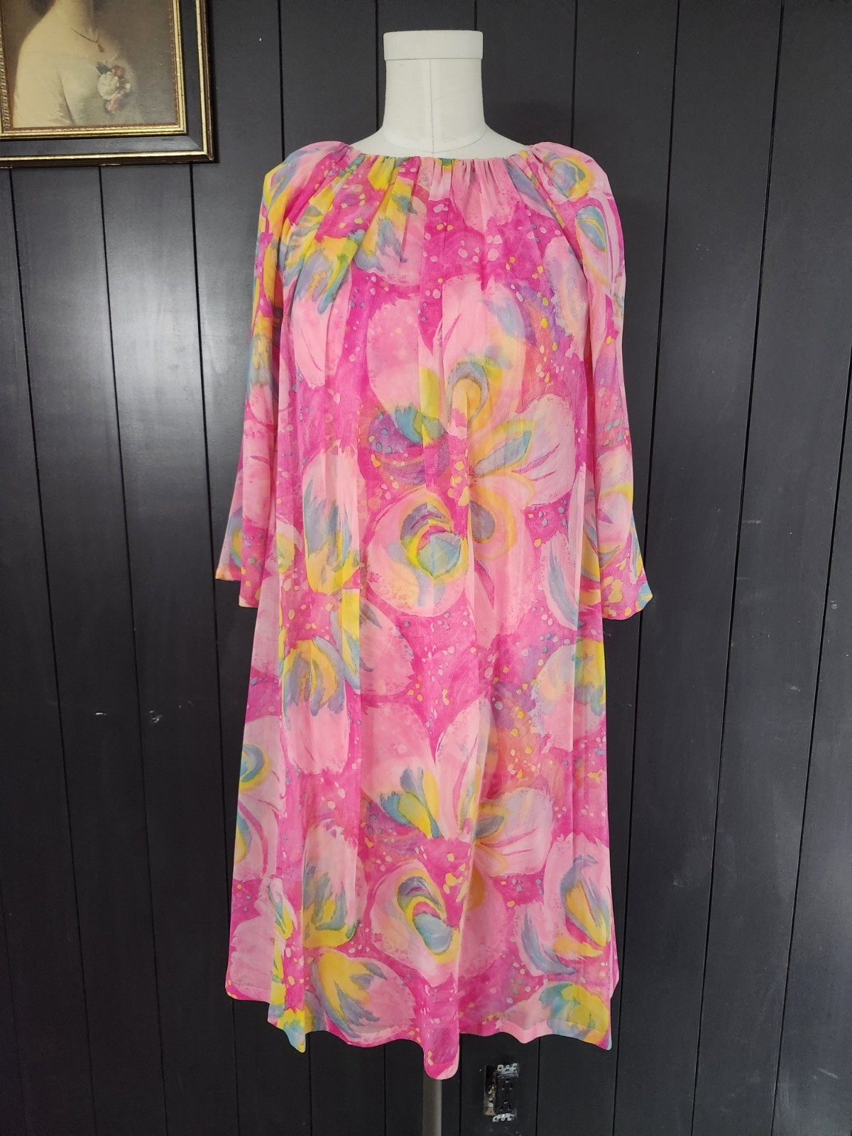 STUNNING Vintage 1960s CHIFFON Trapeze Dress FLOWER POWER FLORAL Sz MEDIUM