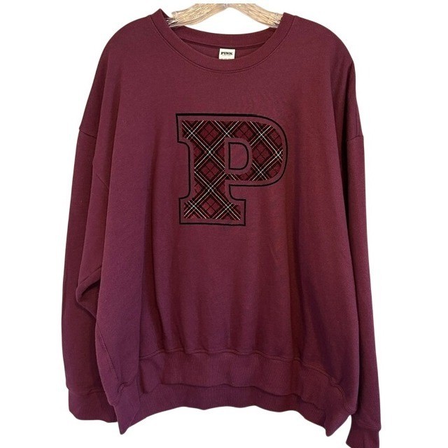 NWT PINK by Victoria’s Secret Maroon Purple Crewneck Plaid Sweatshirt XXL $59