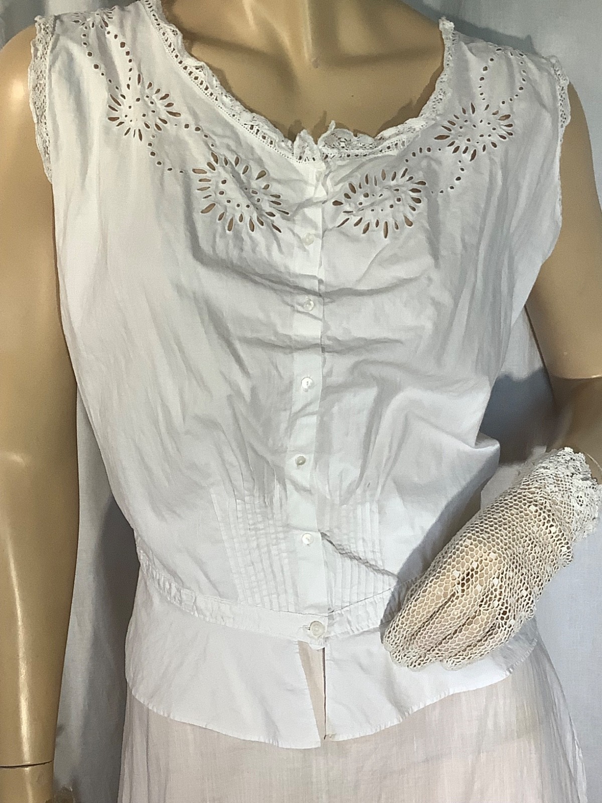 antique Edwardian corset cover Camisole Top short sleeve Lace silk M embroidered