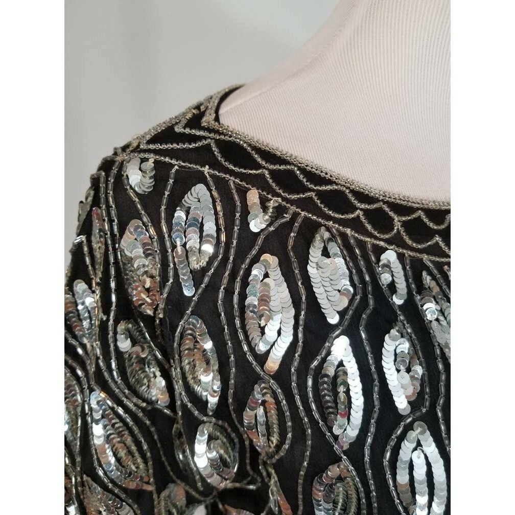 Vtg Sho Max NY Silver Sequin Silk Crepe Blouse Vertical Stripe Disco NYE Party S
