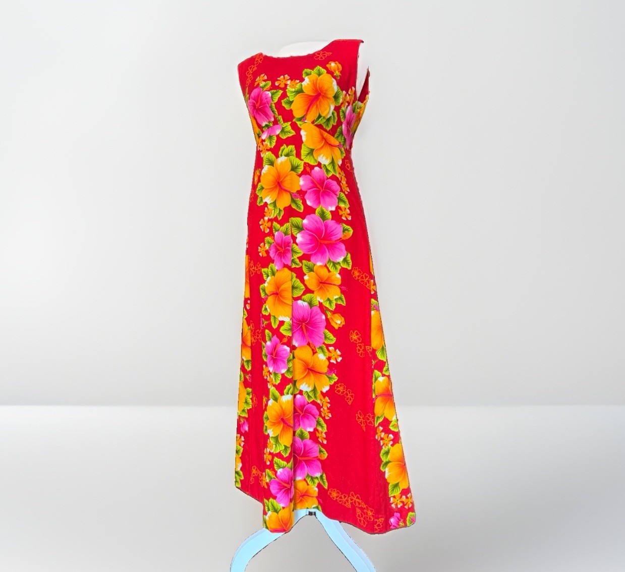Vtg Pomare Hawaiian Maxi Floral Dress Tiki Luau 60s 70s Hibiscus Empire Waist 10