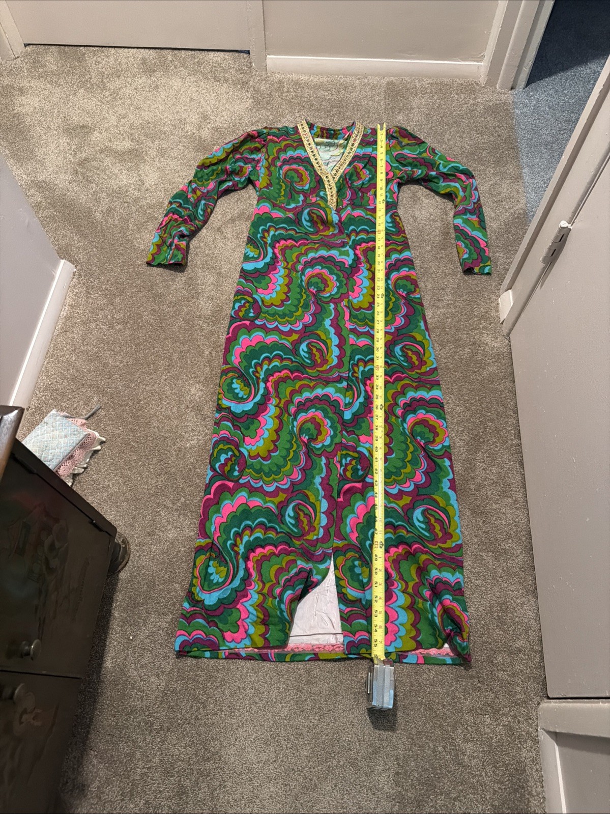 Vtg 60s 70s Psychedelic Hostess Maxi Dress Lined Front Slit Handmade Vogue 8154