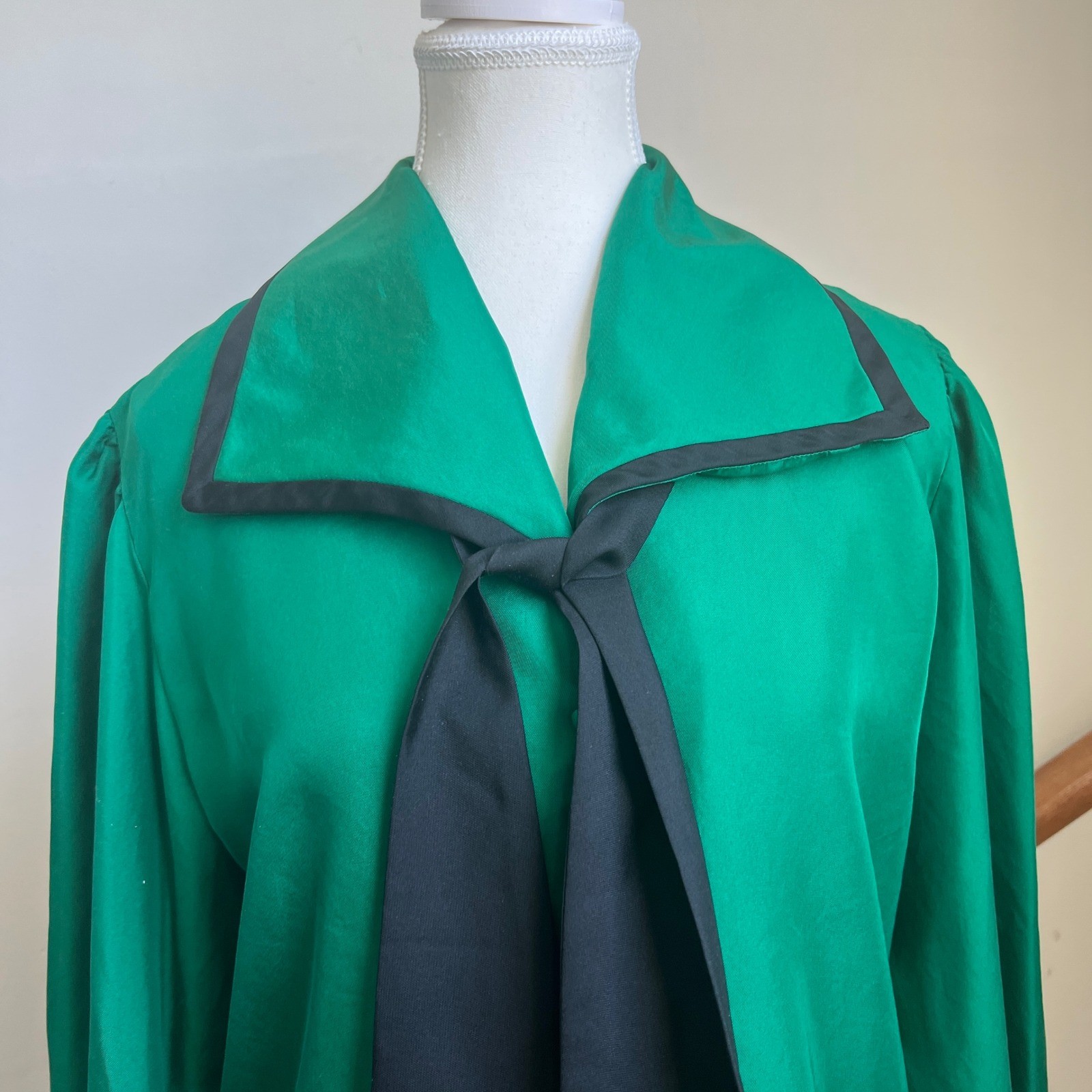 Vintage Frank Young Silk Blouse Emerald Green Scarf Tie Button Up 80s Frenchgirl
