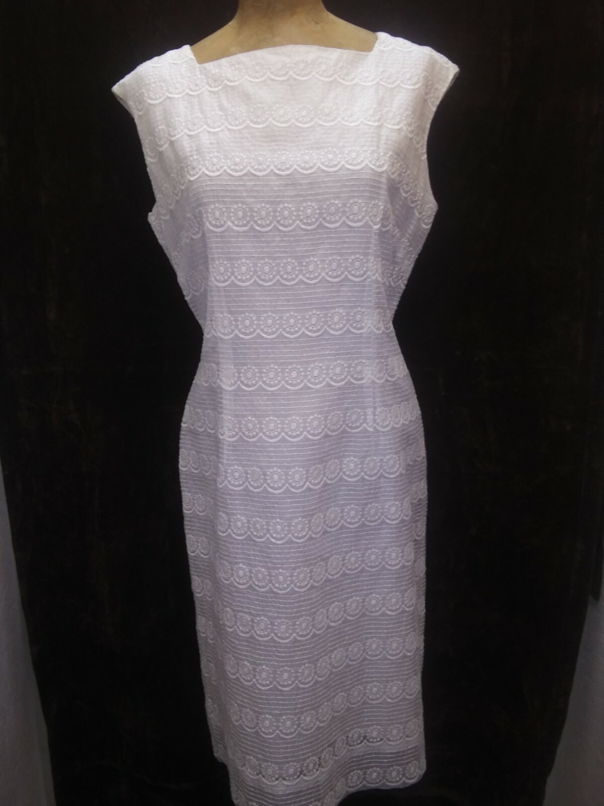 Vintage 1960’s White Embroidered Cotton Shift Sundress by Alice Size Medium