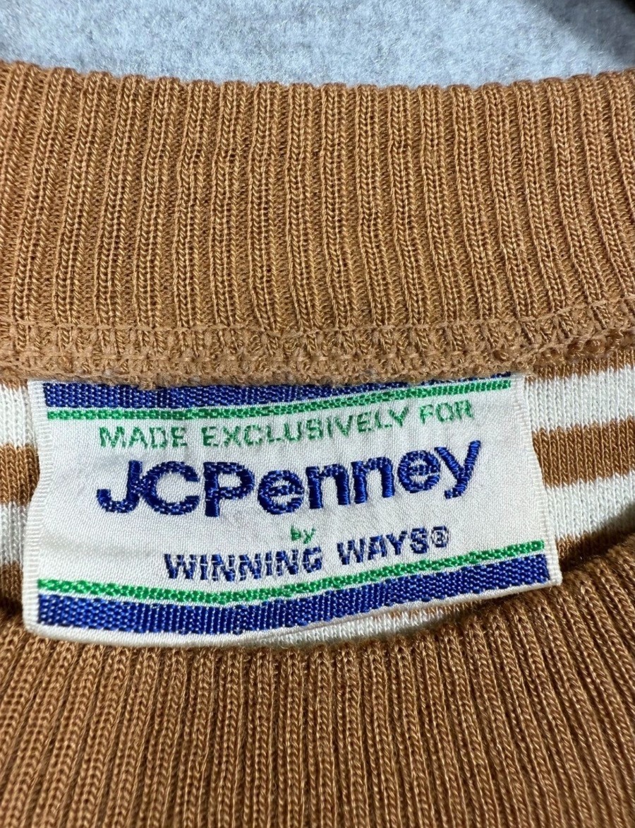 VTG JCPenney Striped Sweater Elbow Patch Brown White Preppy Japan L 70s 80s