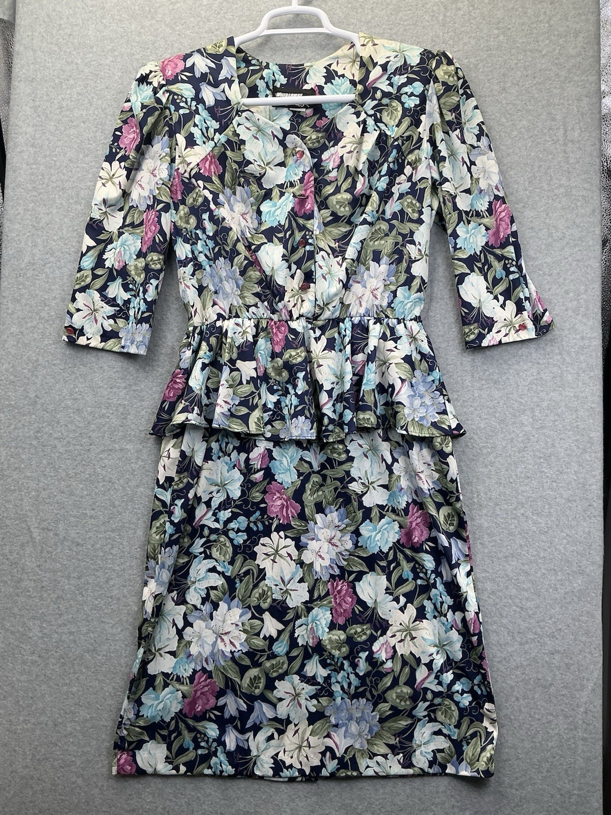 Vintage 80s Whirlaway Floral Peplum Dress Women’s 12P Petite 12 Colorful Midi