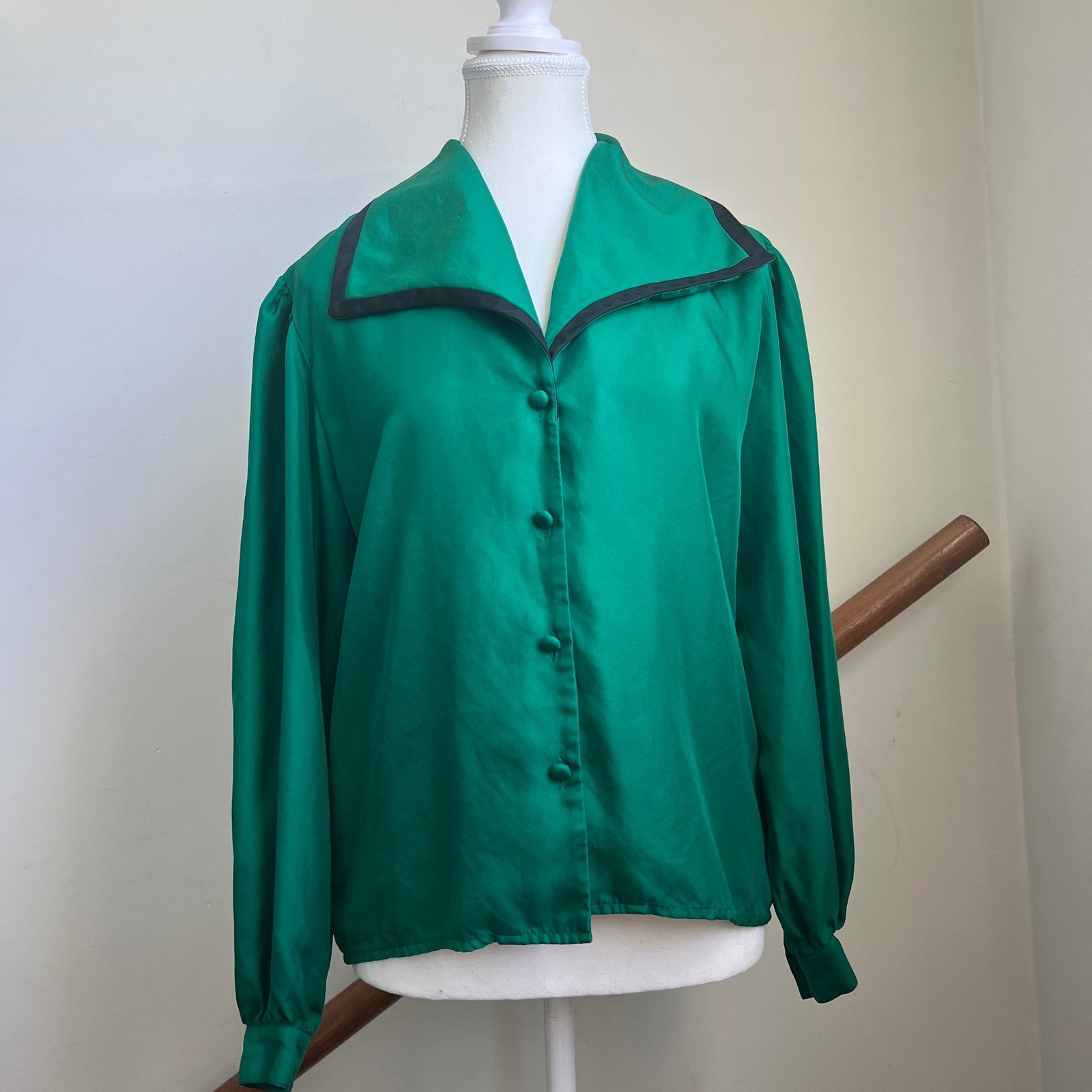 Vintage Frank Young Silk Blouse Emerald Green Scarf Tie Button Up 80s Frenchgirl