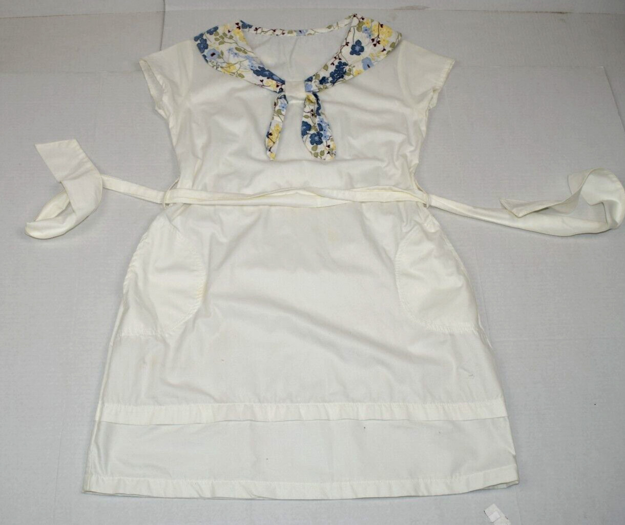 Vintage Dress Size S 70s White Blue Yellow Floral Neck Trim Belt Tie