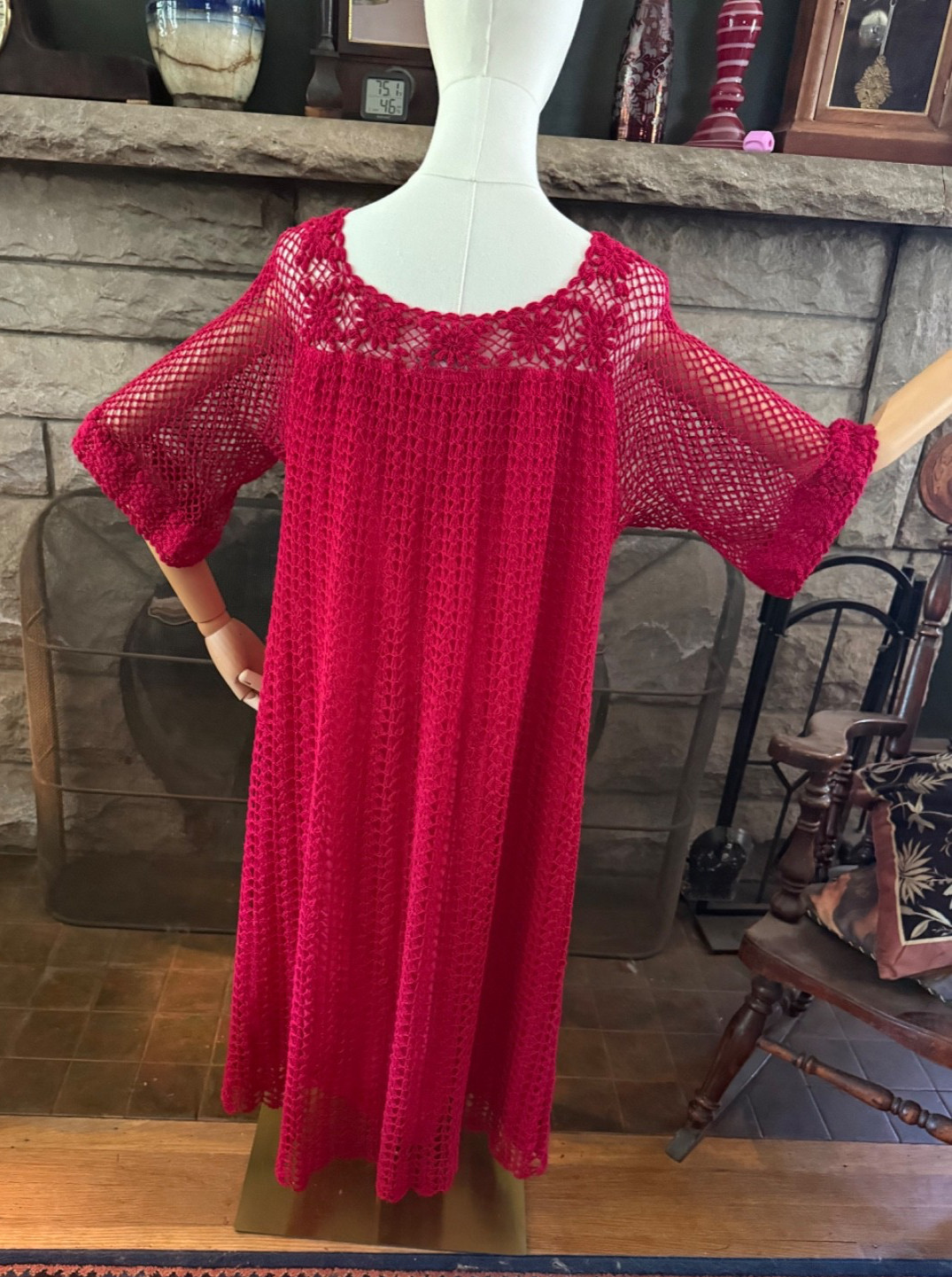 Vintage Loose Fit Red Crocheted Dress Large Bust 42 Thums Up